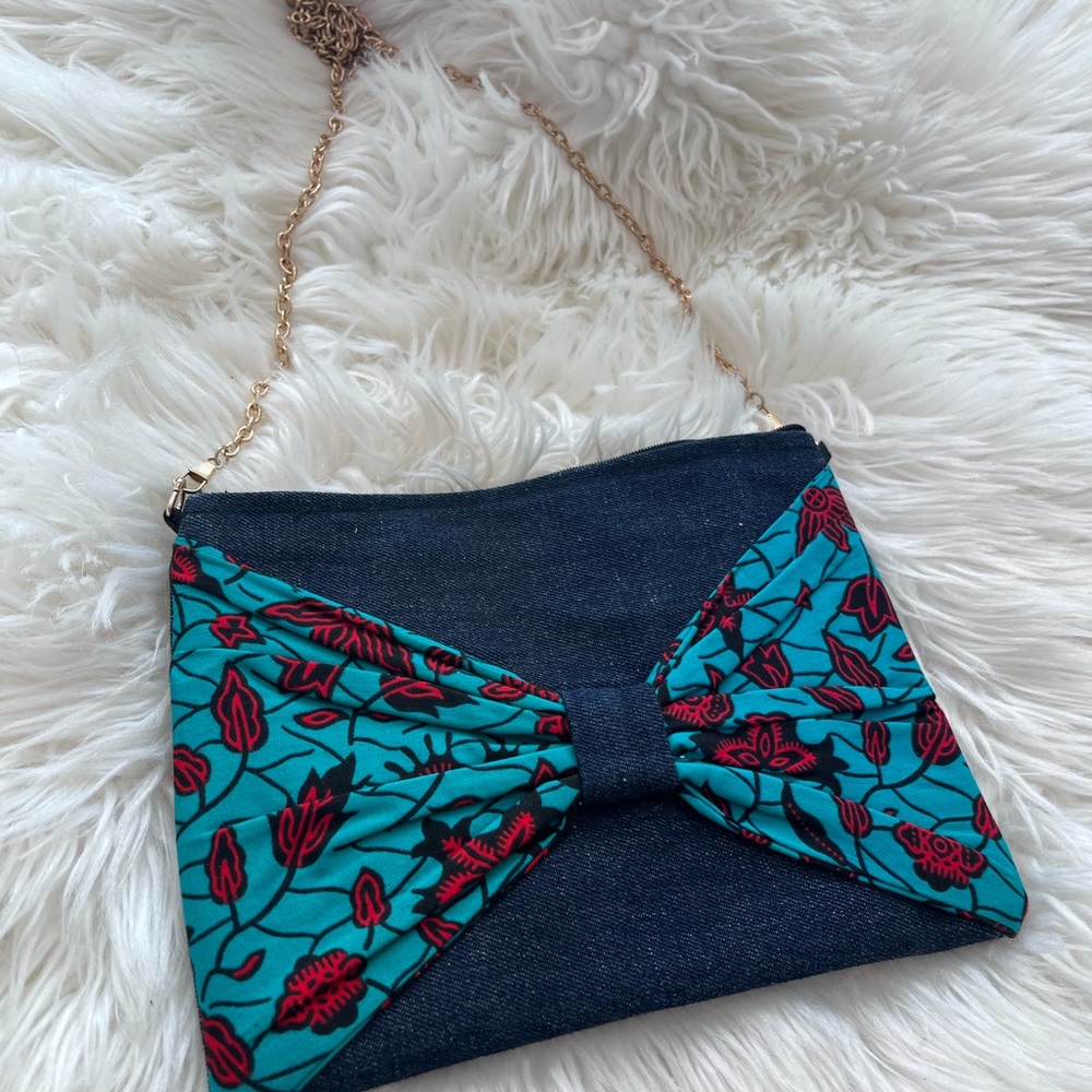 Pretty colorful Jean bow bag with long chain strap. Brand new. Handmade
